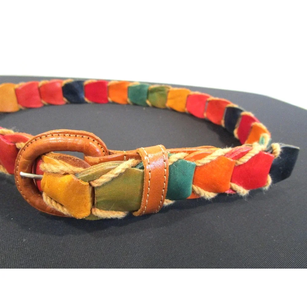 Made In Guatemala Multicolor Leather, Twine Boho Belt Women Sz S, 27